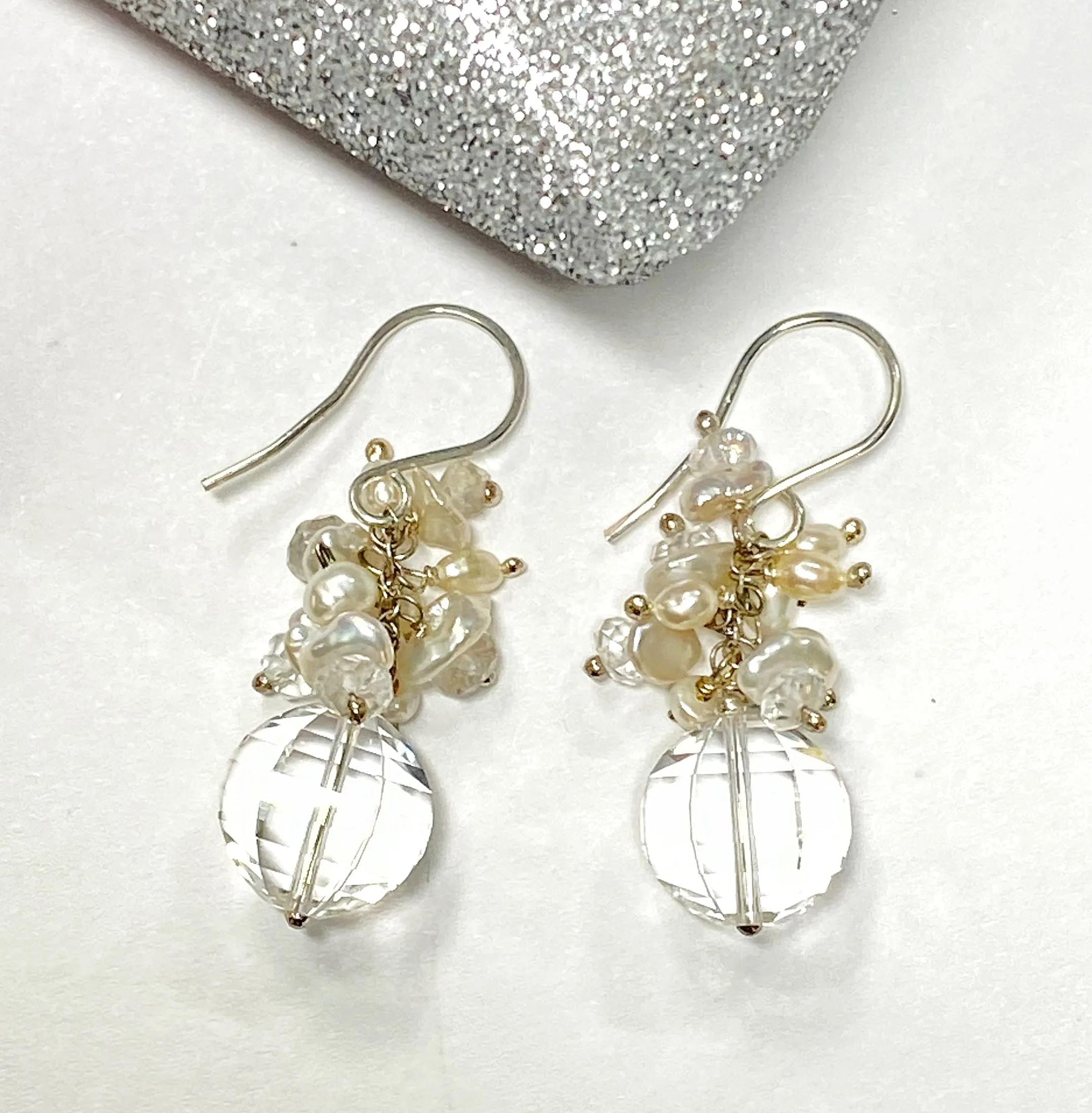 Cut Crystal Quartz, Keishi Pearl Cluster Earrings, Sterling Silver