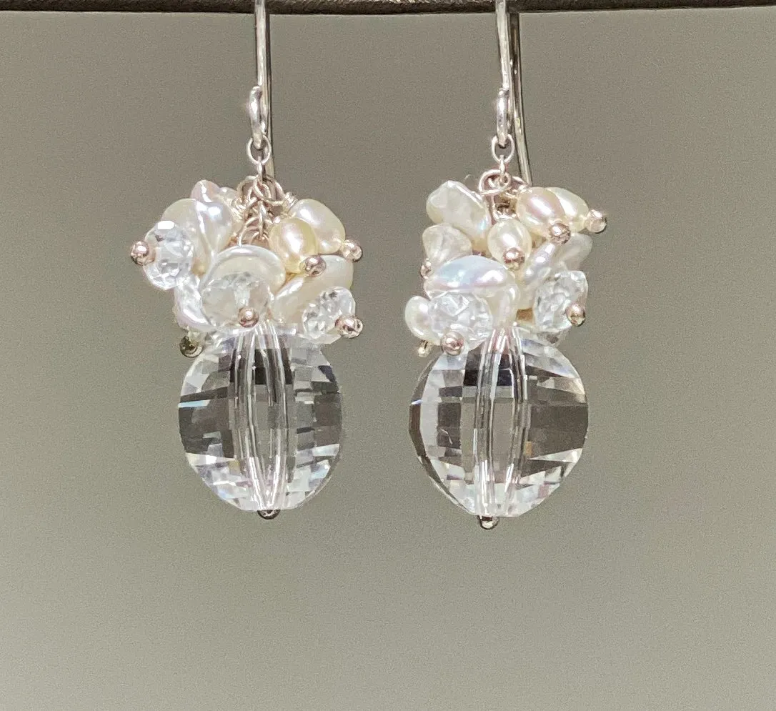 Cut Crystal Quartz, Keishi Pearl Cluster Earrings, Sterling Silver