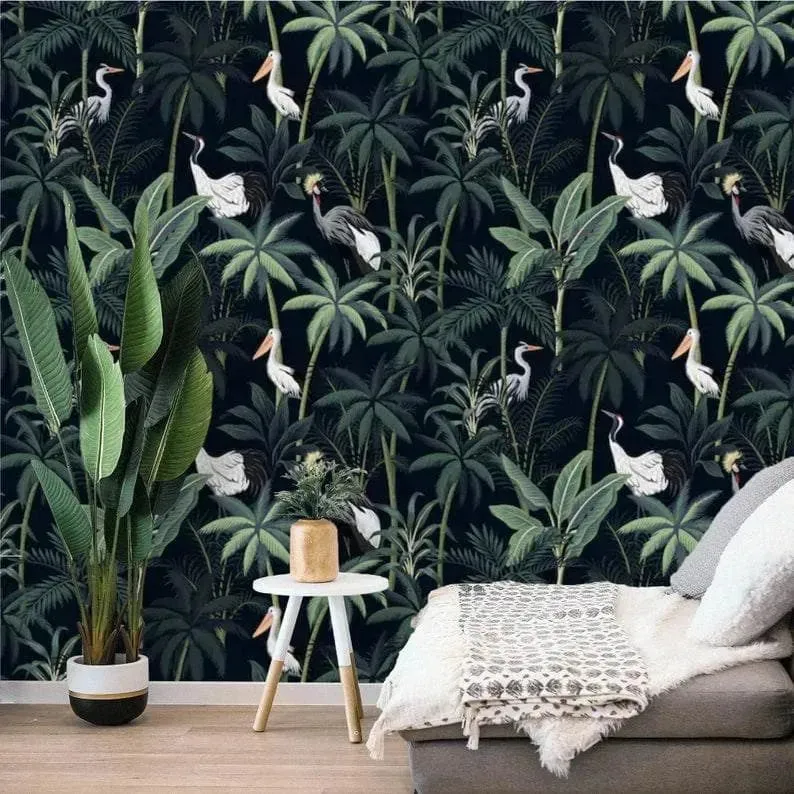 Dark Tropical Palm and Coconut Tree with Cranes Wallpaper