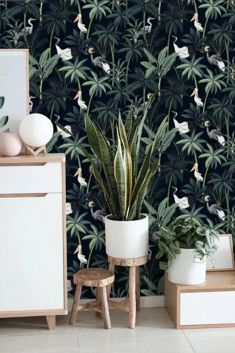 Dark Tropical Palm and Coconut Tree with Cranes Wallpaper