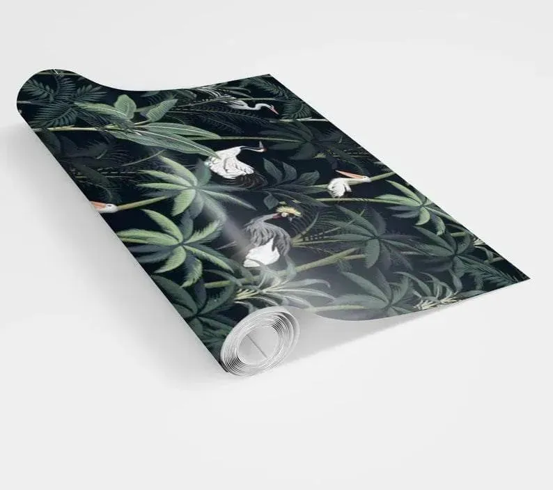 Dark Tropical Palm and Coconut Tree with Cranes Wallpaper