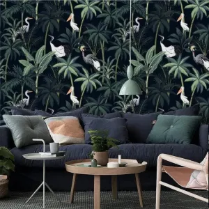 Dark Tropical Palm and Coconut Tree with Cranes Wallpaper