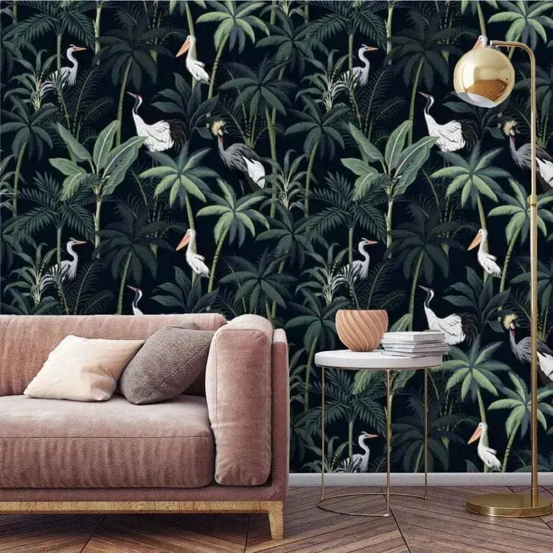 Dark Tropical Palm and Coconut Tree with Cranes Wallpaper