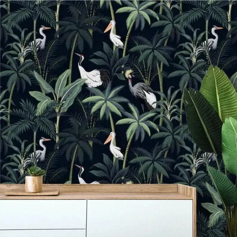 Dark Tropical Palm and Coconut Tree with Cranes Wallpaper