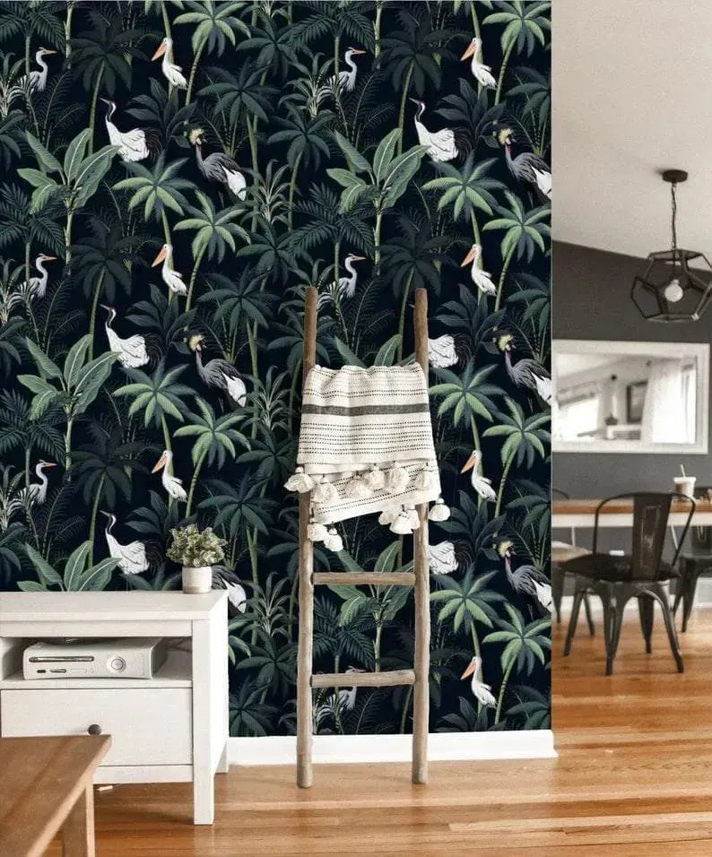 Dark Tropical Palm and Coconut Tree with Cranes Wallpaper