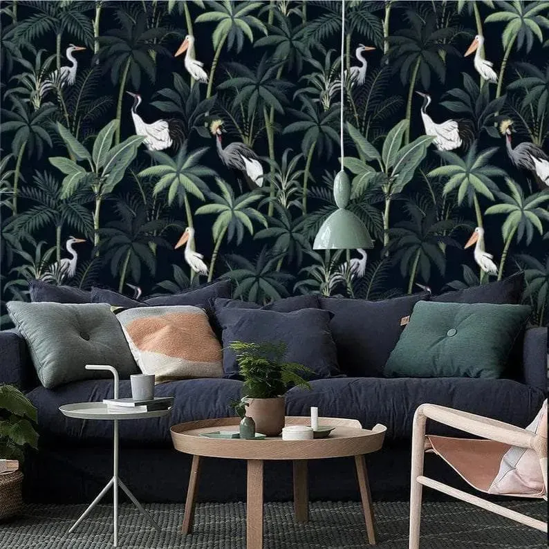 Dark Tropical Palm and Coconut Tree with Cranes Wallpaper