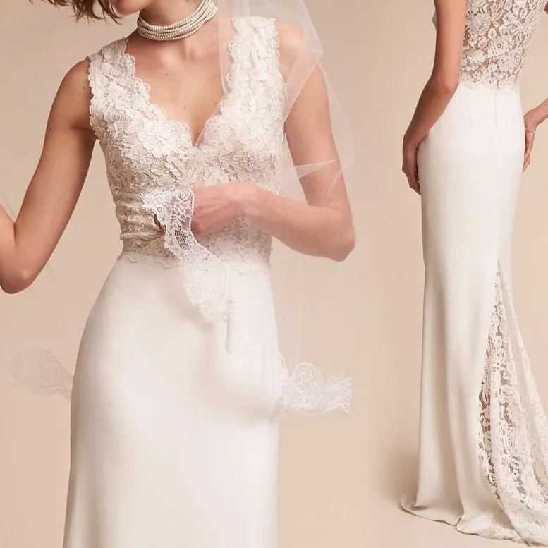 Deep V neck Lace Satin Wedding Dress