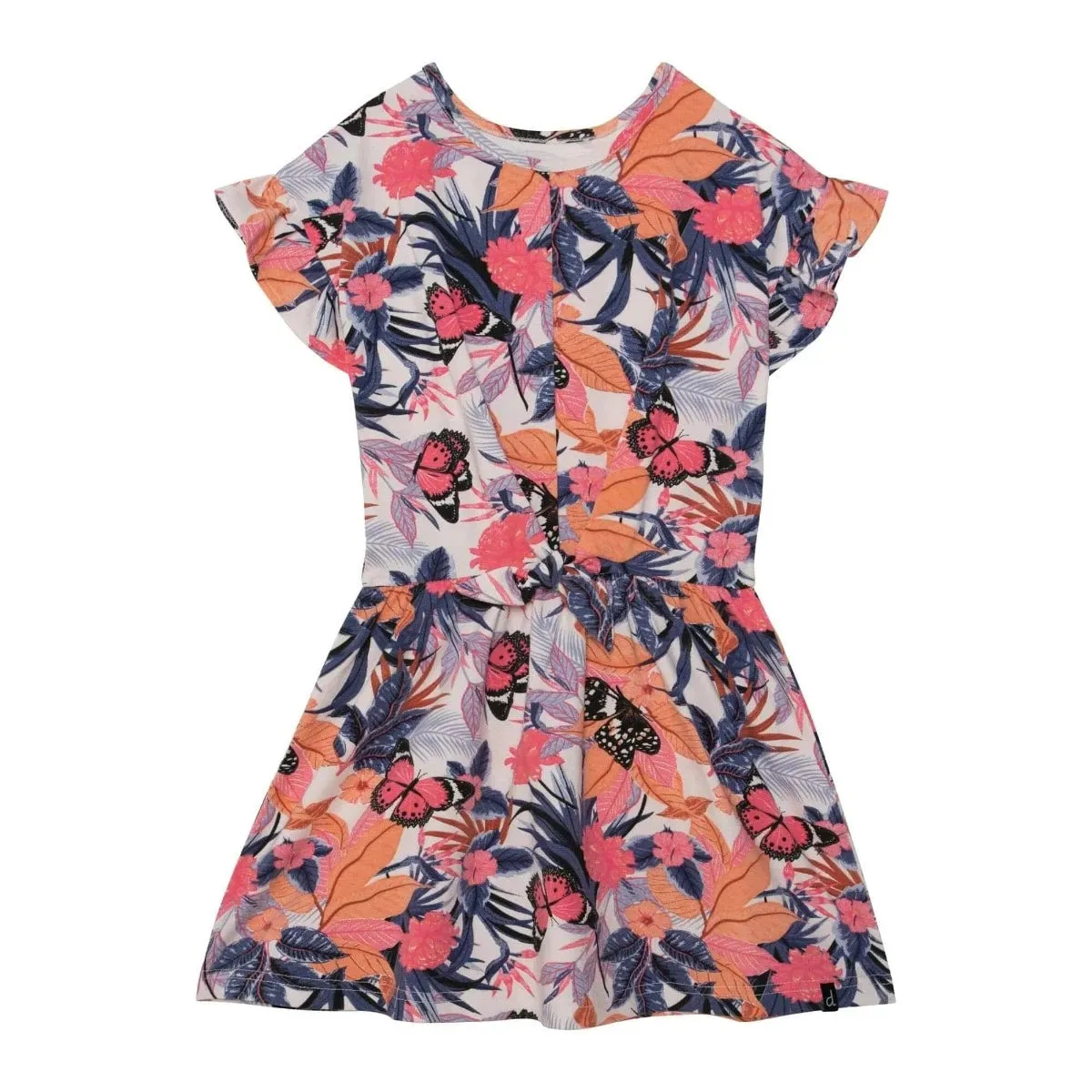 Deux Par Deux Short Sleeve Dress with Fron - Flowers/Butterflies