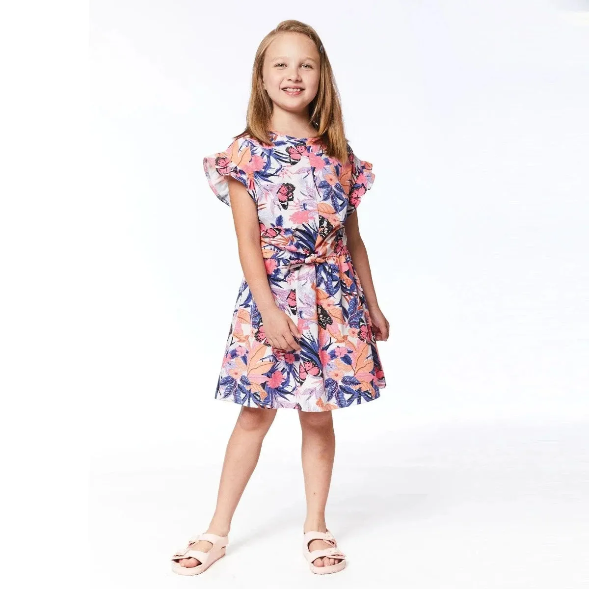 Deux Par Deux Short Sleeve Dress with Fron - Flowers/Butterflies
