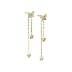 Diamond Pave Butterfly Chain Drop Stud Earring 14K