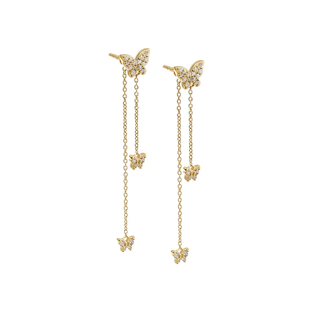 Diamond Pave Butterfly Chain Drop Stud Earring 14K