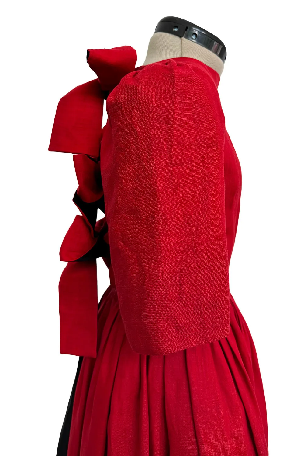 Dreamy Spring 1984 Lanvin by Jules-Francois Crahay Runway Red Linen & Black Dress w Open Bow Back