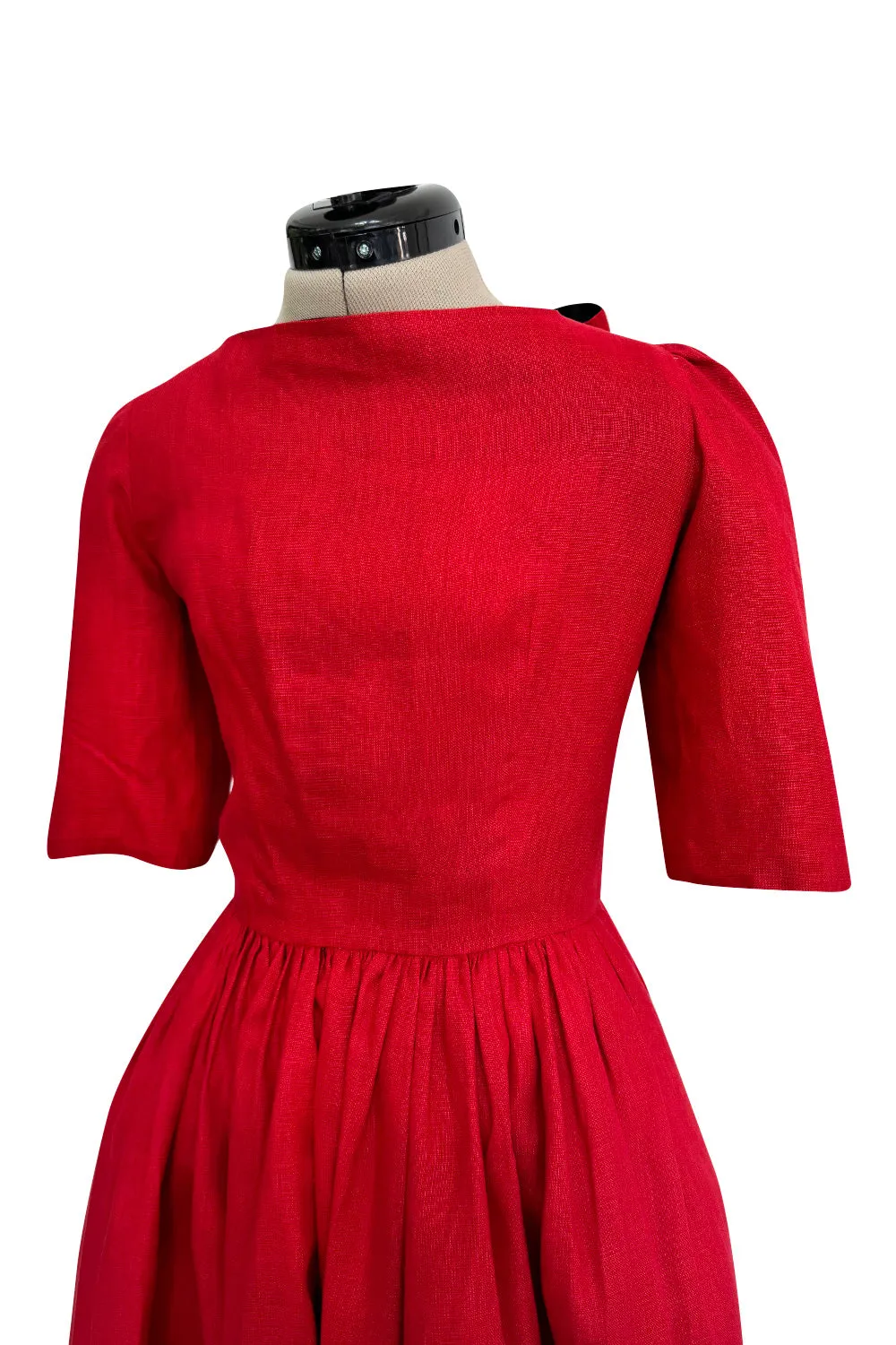 Dreamy Spring 1984 Lanvin by Jules-Francois Crahay Runway Red Linen & Black Dress w Open Bow Back