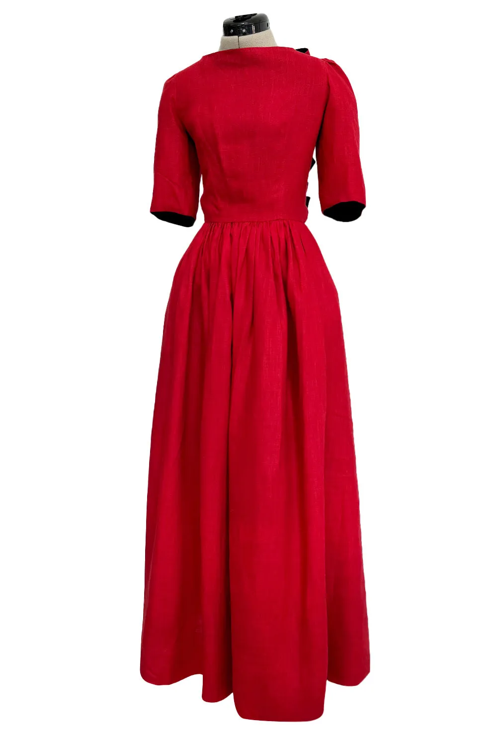 Dreamy Spring 1984 Lanvin by Jules-Francois Crahay Runway Red Linen & Black Dress w Open Bow Back