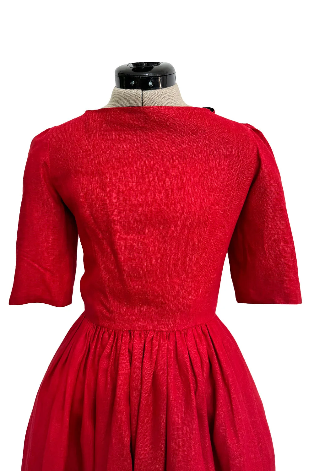 Dreamy Spring 1984 Lanvin by Jules-Francois Crahay Runway Red Linen & Black Dress w Open Bow Back