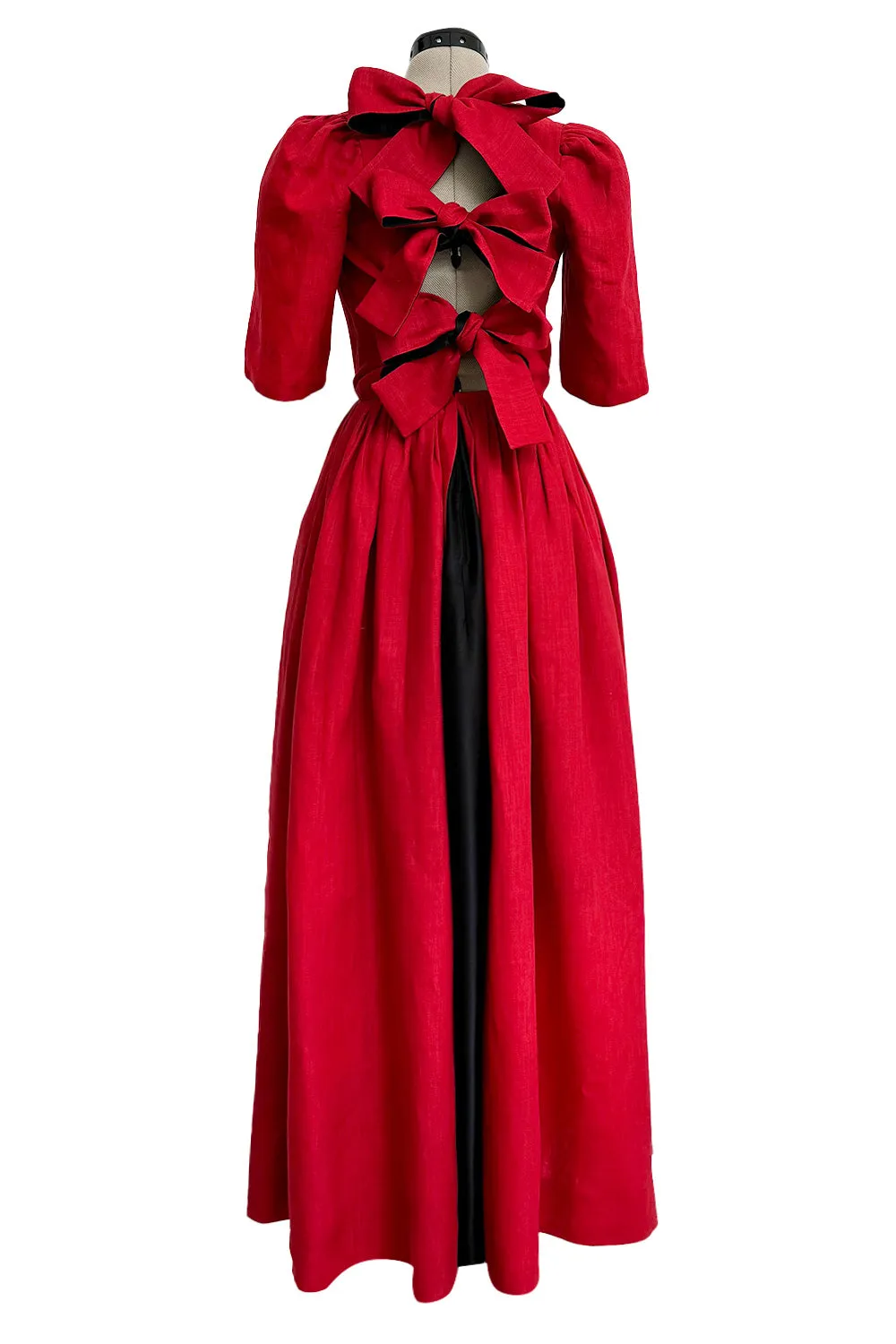 Dreamy Spring 1984 Lanvin by Jules-Francois Crahay Runway Red Linen & Black Dress w Open Bow Back