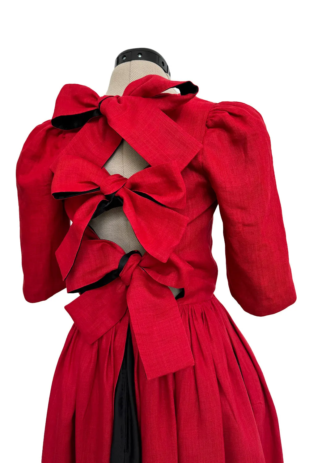 Dreamy Spring 1984 Lanvin by Jules-Francois Crahay Runway Red Linen & Black Dress w Open Bow Back