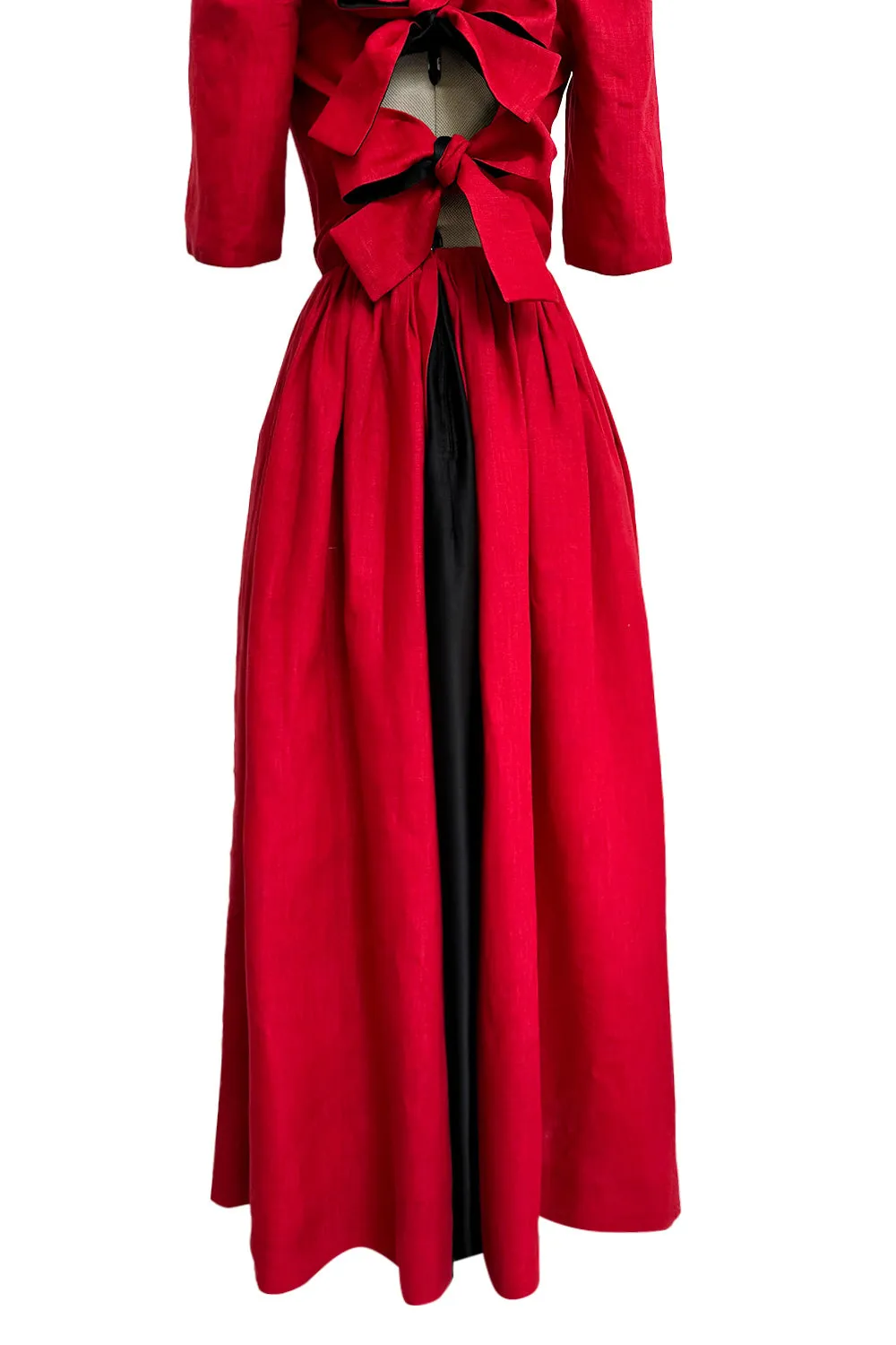 Dreamy Spring 1984 Lanvin by Jules-Francois Crahay Runway Red Linen & Black Dress w Open Bow Back