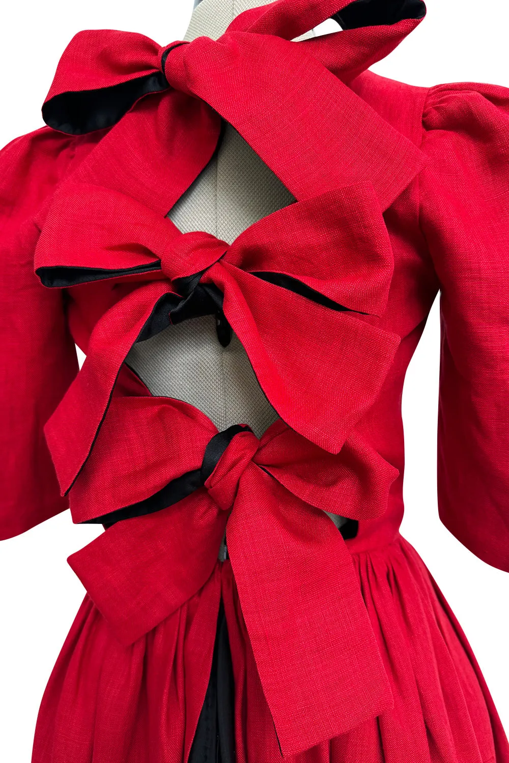 Dreamy Spring 1984 Lanvin by Jules-Francois Crahay Runway Red Linen & Black Dress w Open Bow Back