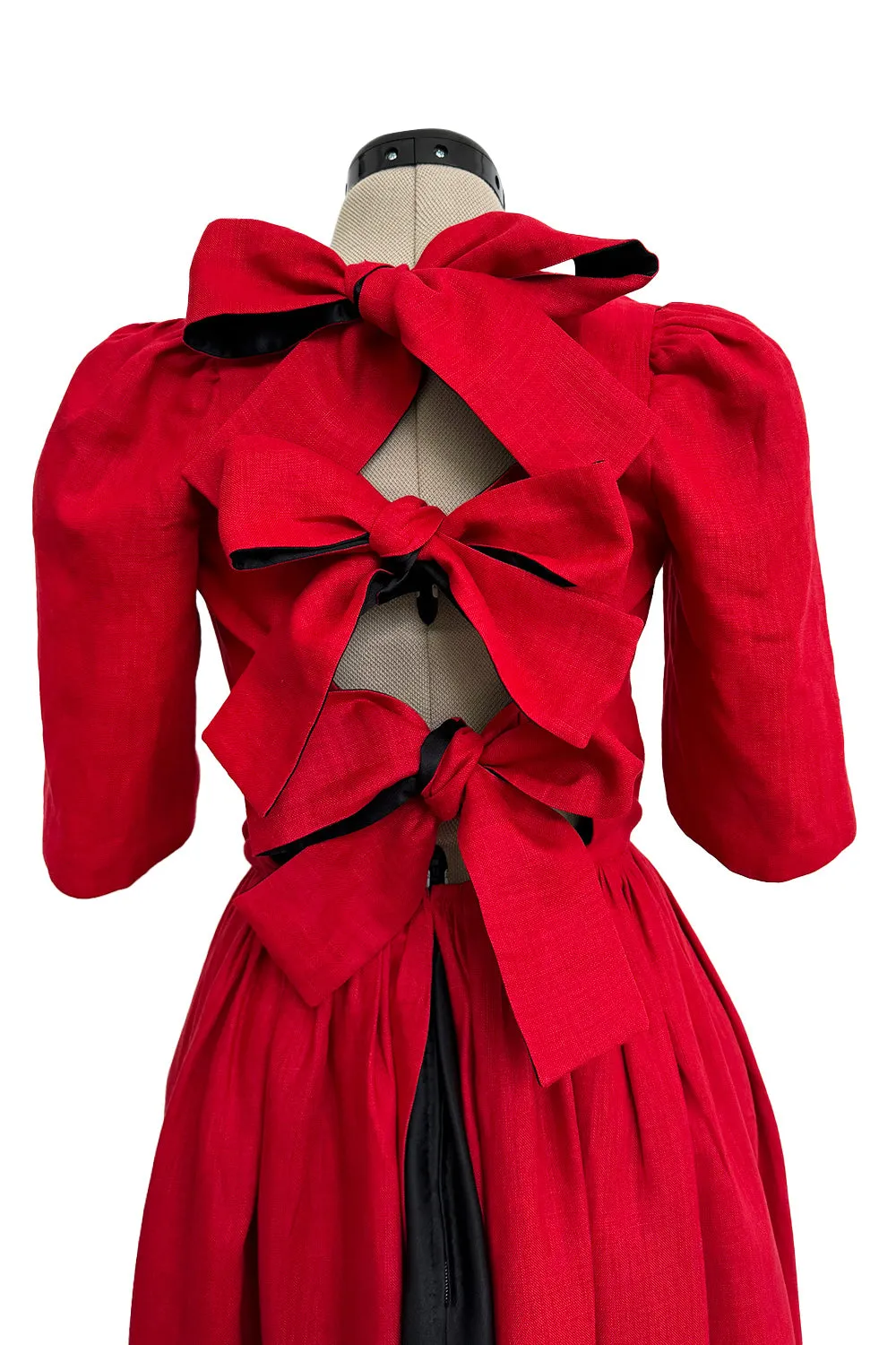 Dreamy Spring 1984 Lanvin by Jules-Francois Crahay Runway Red Linen & Black Dress w Open Bow Back