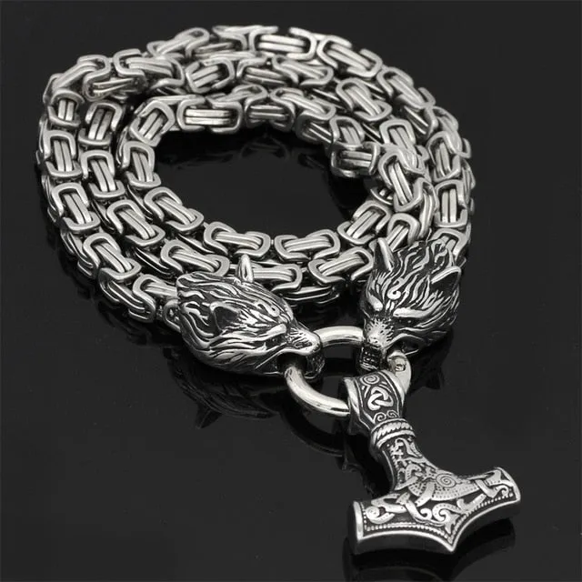 Dual Wolf Thor's Mjolnir Viking Chain Necklace, Stainless Steel