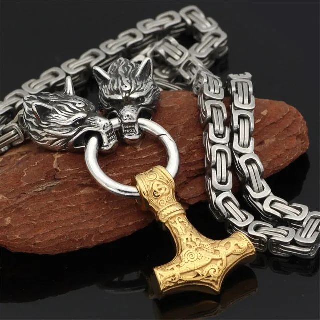 Dual Wolf Thor's Mjolnir Viking Chain Necklace, Stainless Steel