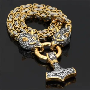 Dual Wolf Thor's Mjolnir Viking Chain Necklace, Stainless Steel
