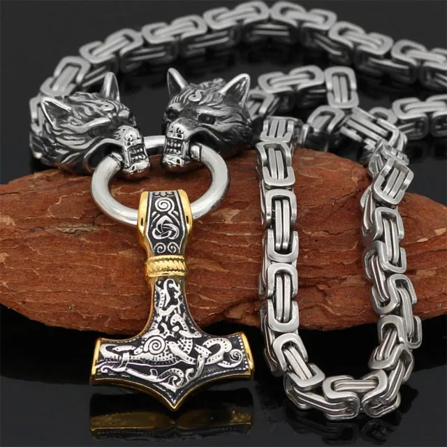 Dual Wolf Thor's Mjolnir Viking Chain Necklace, Stainless Steel