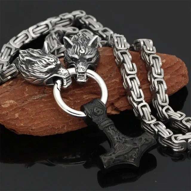 Dual Wolf Thor's Mjolnir Viking Chain Necklace, Stainless Steel