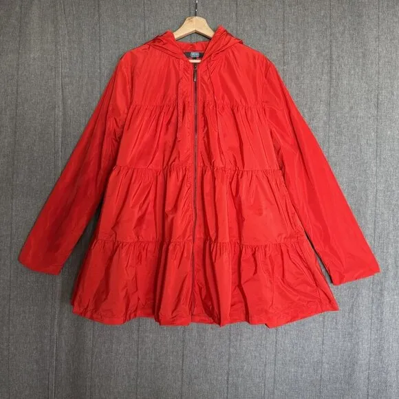 Eva Franco Maybelle Cherry Red Silver Zip Front Ruffle Tiered Jacket Size XL