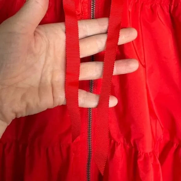 Eva Franco Maybelle Cherry Red Silver Zip Front Ruffle Tiered Jacket Size XL