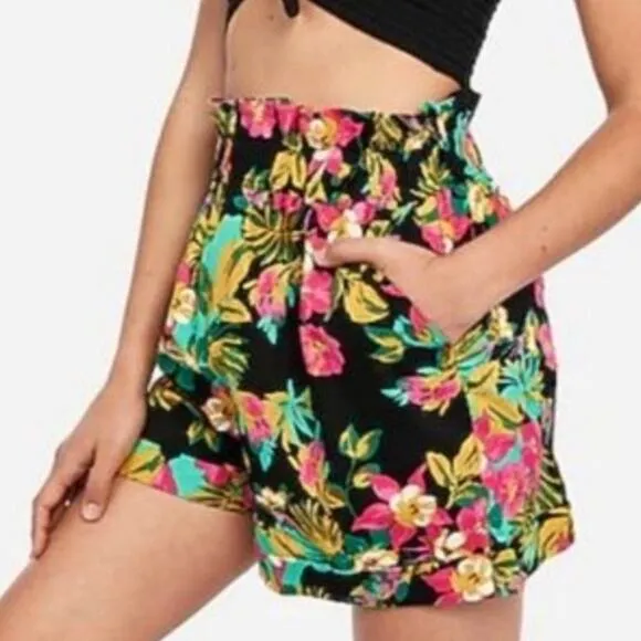 EXPRESS x ROCKY BARNES Floral Tropical High Waist Linen Blend Shorts {Y46}