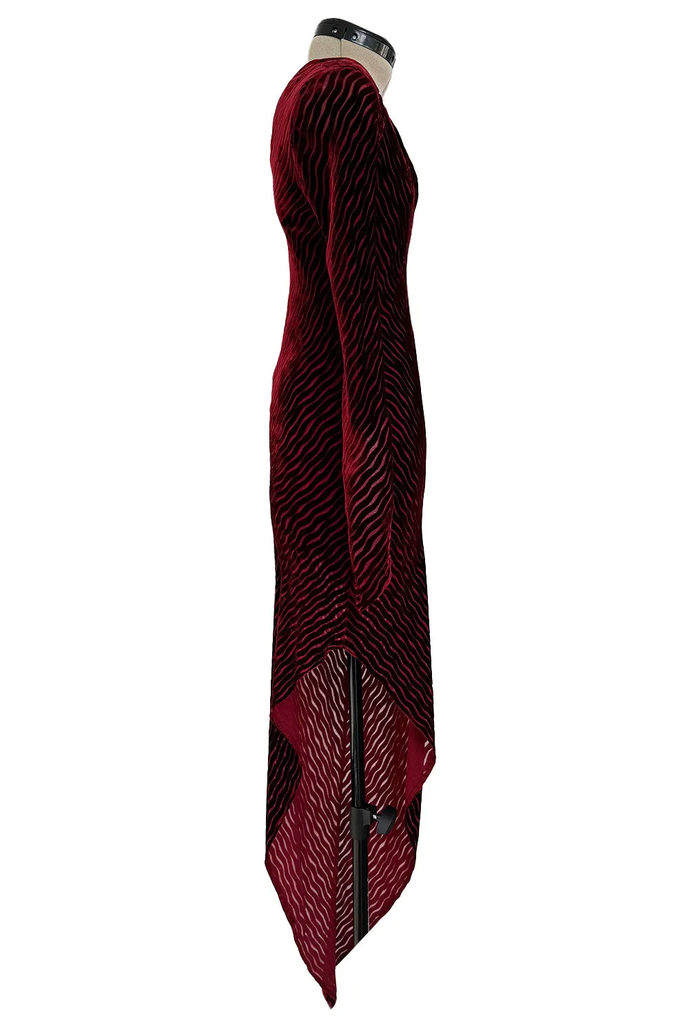 Fantastic Fall 1994 Karl Lagerfeld Runway Deep Red Cut Velvet Bias Cut Dress w Angled Hem