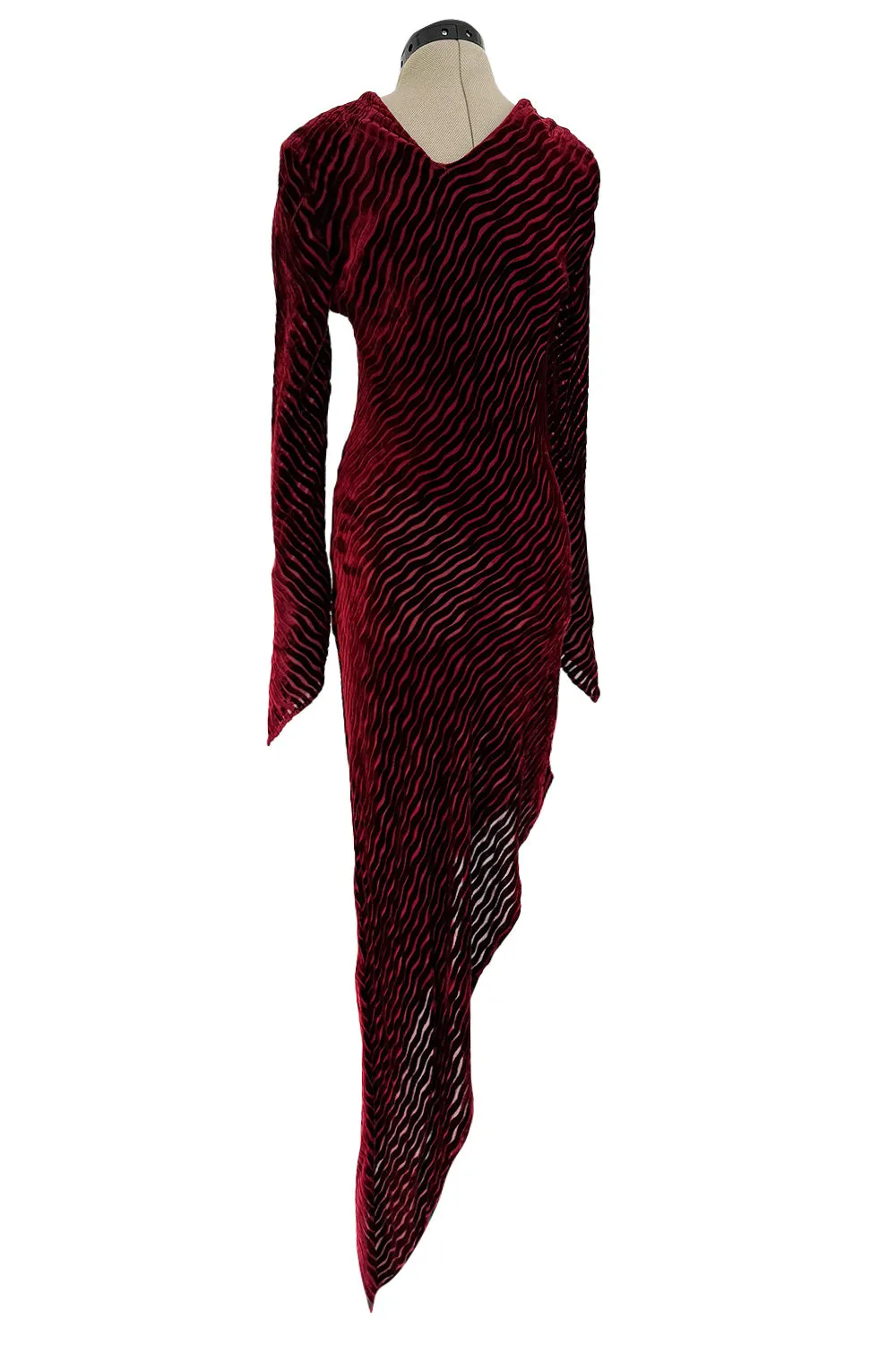 Fantastic Fall 1994 Karl Lagerfeld Runway Deep Red Cut Velvet Bias Cut Dress w Angled Hem