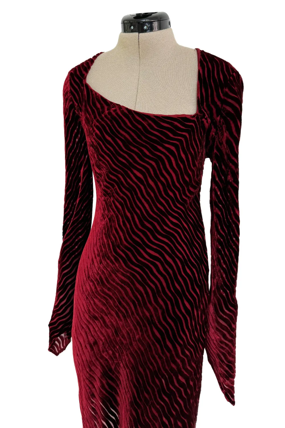 Fantastic Fall 1994 Karl Lagerfeld Runway Deep Red Cut Velvet Bias Cut Dress w Angled Hem