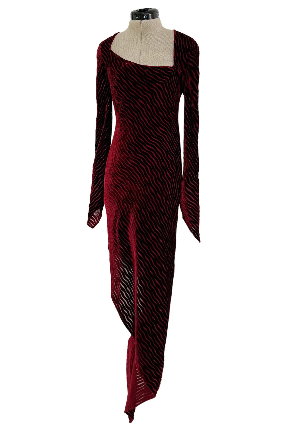 Fantastic Fall 1994 Karl Lagerfeld Runway Deep Red Cut Velvet Bias Cut Dress w Angled Hem