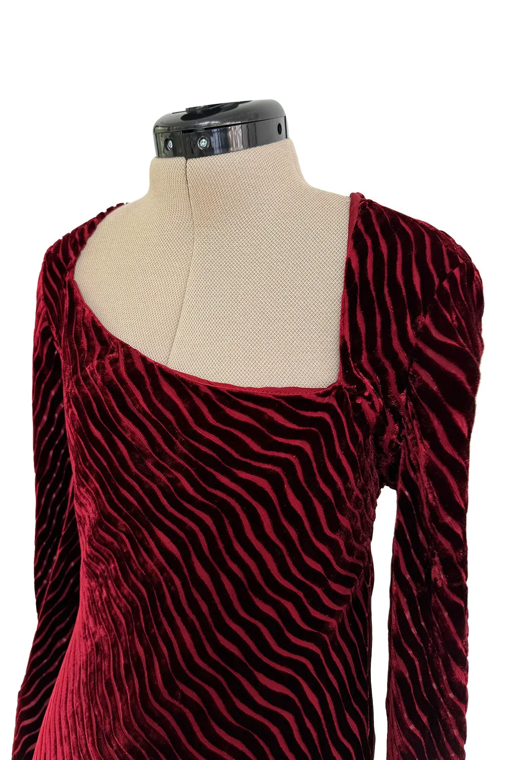 Fantastic Fall 1994 Karl Lagerfeld Runway Deep Red Cut Velvet Bias Cut Dress w Angled Hem
