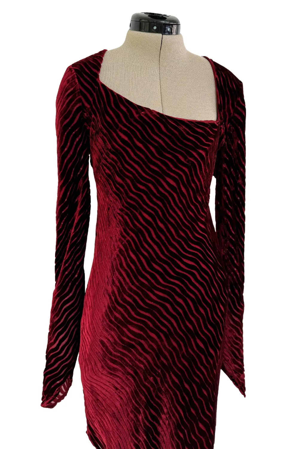 Fantastic Fall 1994 Karl Lagerfeld Runway Deep Red Cut Velvet Bias Cut Dress w Angled Hem