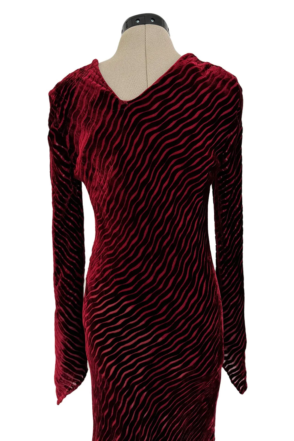 Fantastic Fall 1994 Karl Lagerfeld Runway Deep Red Cut Velvet Bias Cut Dress w Angled Hem