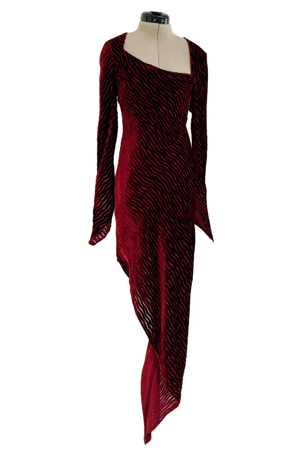 Fantastic Fall 1994 Karl Lagerfeld Runway Deep Red Cut Velvet Bias Cut Dress w Angled Hem