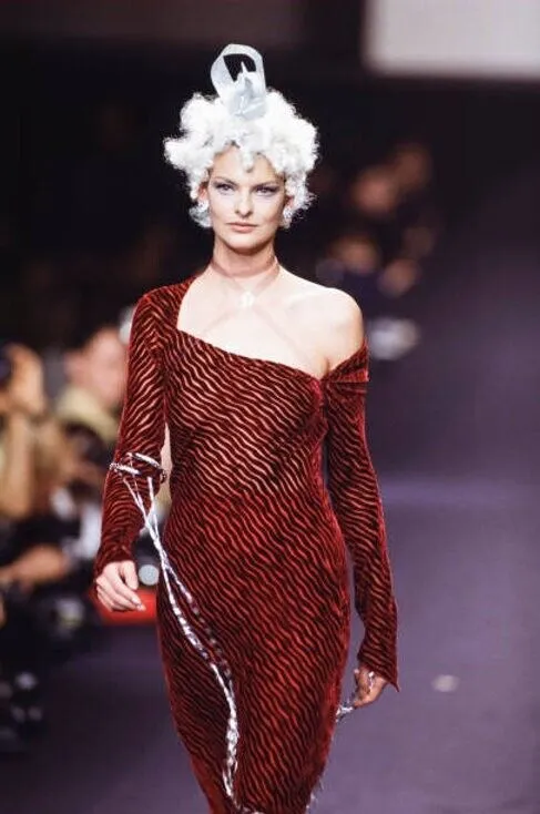 Fantastic Fall 1994 Karl Lagerfeld Runway Deep Red Cut Velvet Bias Cut Dress w Angled Hem