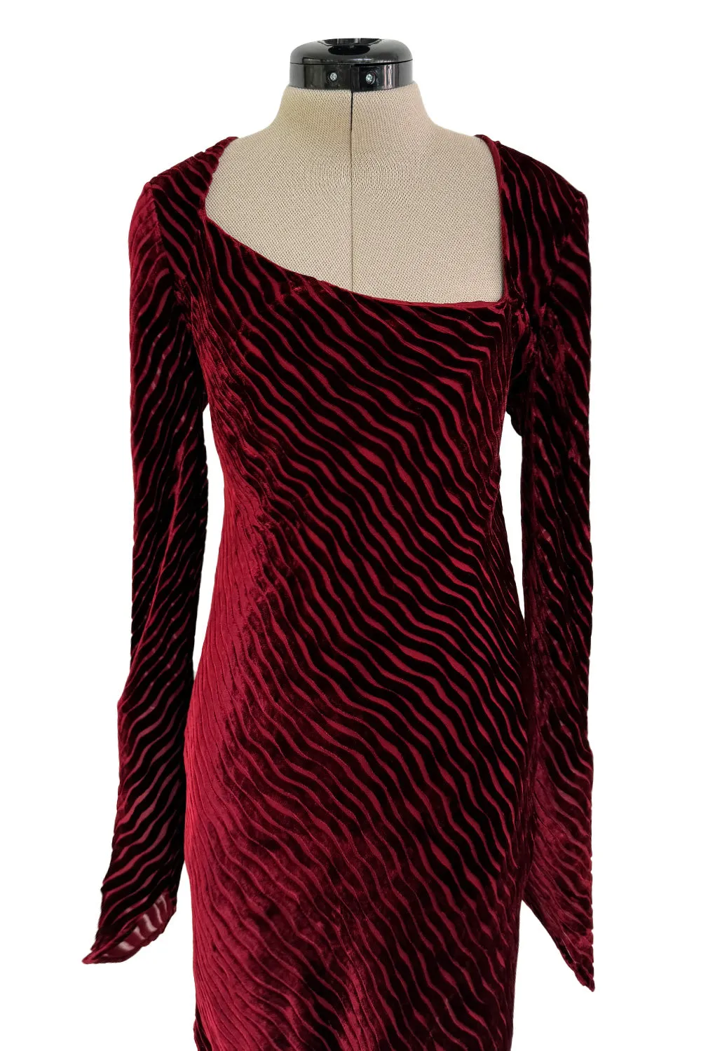 Fantastic Fall 1994 Karl Lagerfeld Runway Deep Red Cut Velvet Bias Cut Dress w Angled Hem