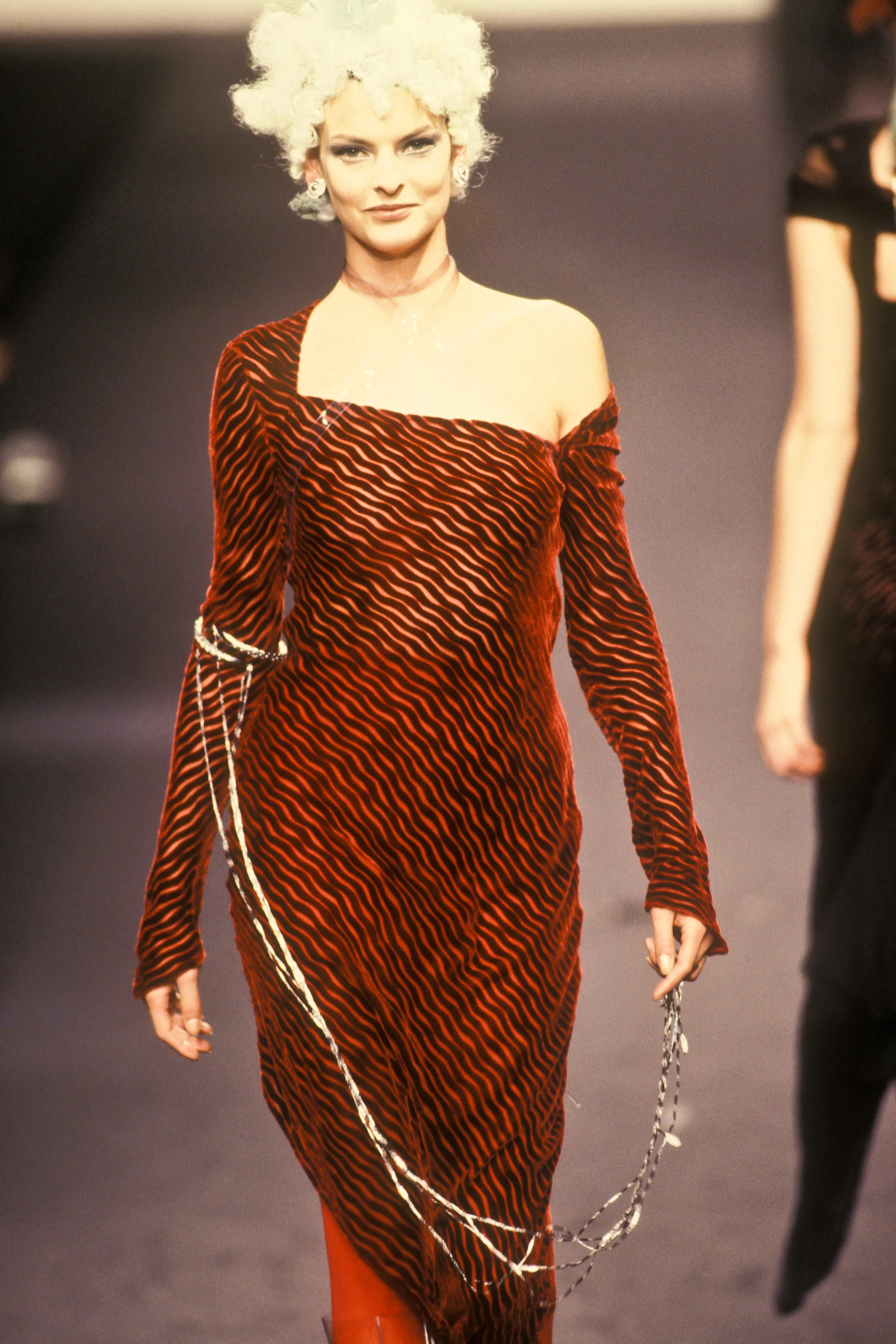 Fantastic Fall 1994 Karl Lagerfeld Runway Deep Red Cut Velvet Bias Cut Dress w Angled Hem