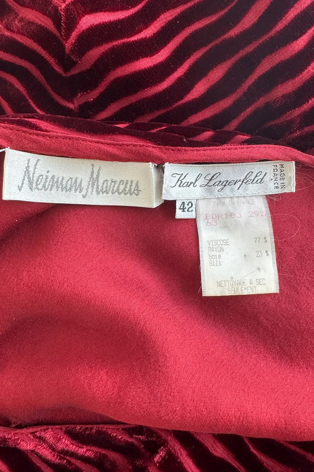 Fantastic Fall 1994 Karl Lagerfeld Runway Deep Red Cut Velvet Bias Cut Dress w Angled Hem