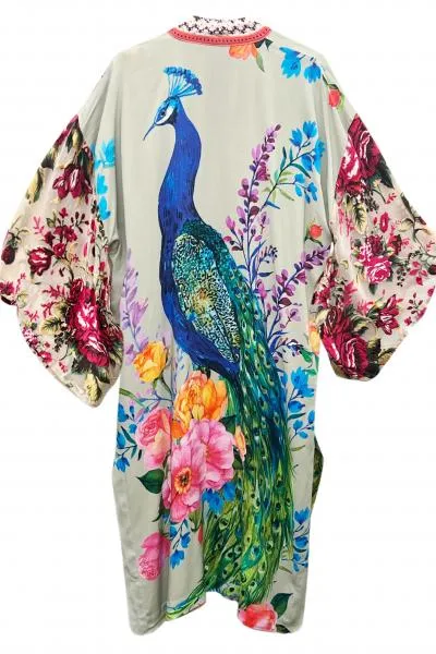 Fantasy Kimono - Soft Moon Peacock Print -