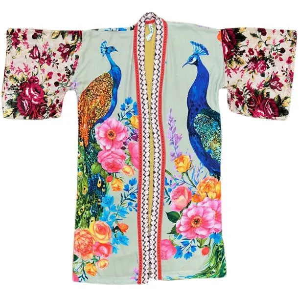 Fantasy Kimono - Soft Moon Peacock Print -