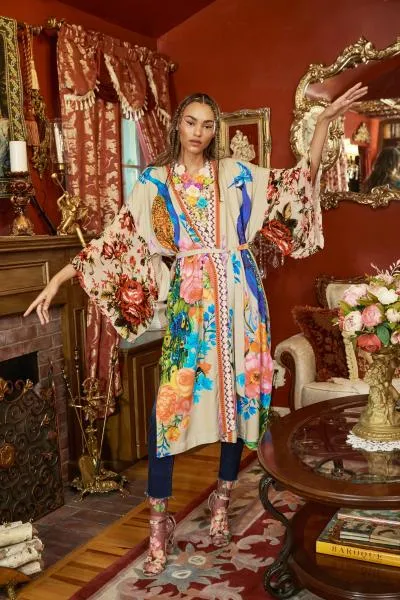 Fantasy Kimono - Soft Moon Peacock Print -