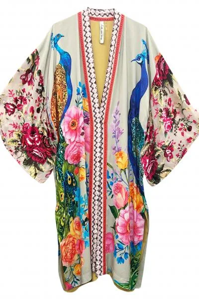 Fantasy Kimono - Soft Moon Peacock Print -