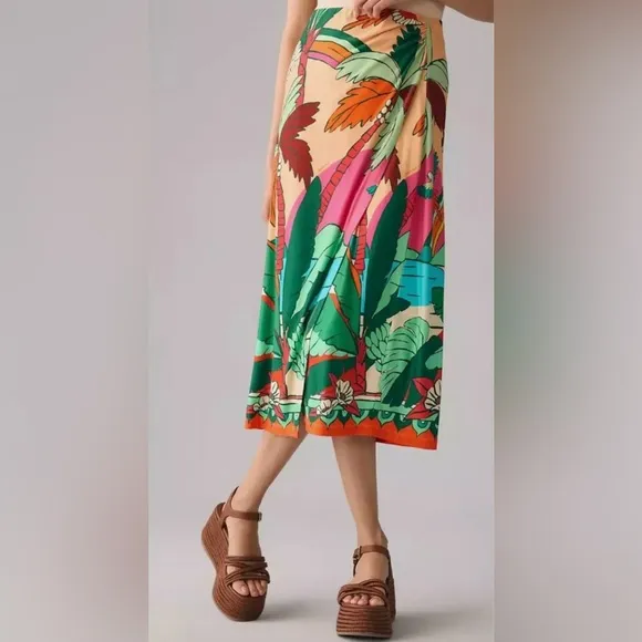 FARM Rio Skirt A Line Wrap Skirt Size Small Stretch Colorful Tropical Print