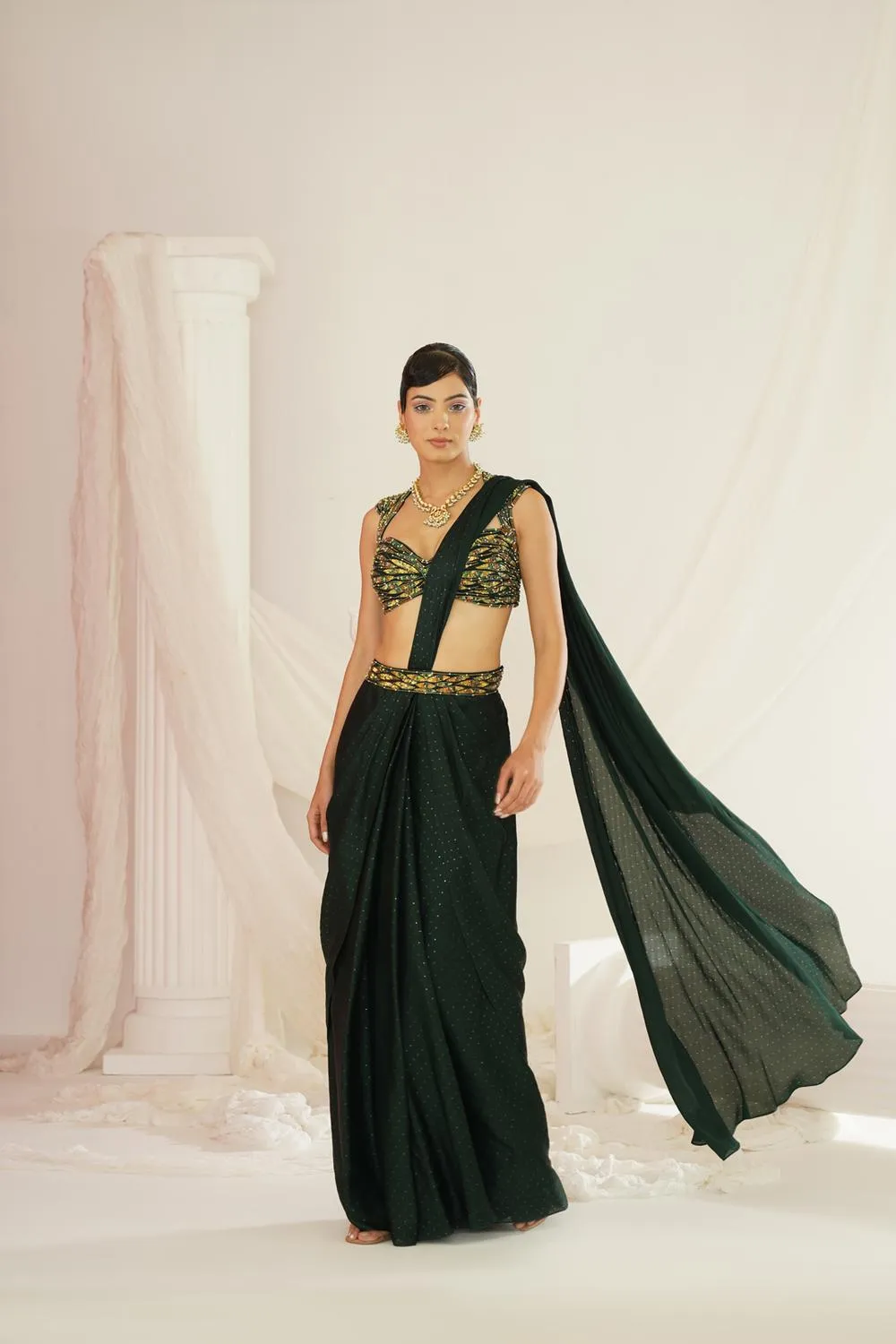 Forest Green Embroidered Blouse With  Ready To Wear Drape Saree Set